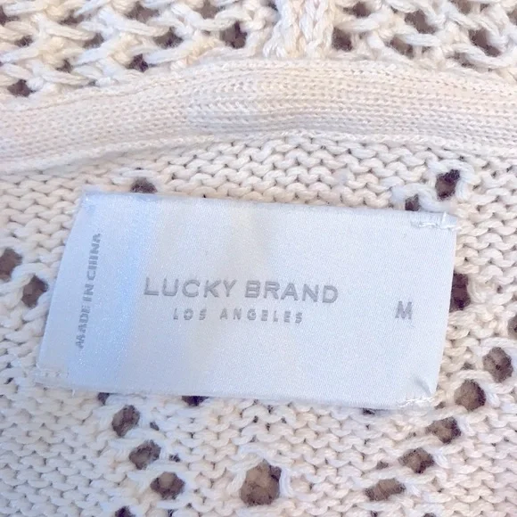 Lucky Brand Crochet Hoodie Cropped Sweater Women Medium Cream Pointelle Pullover - Picture 4 of 13